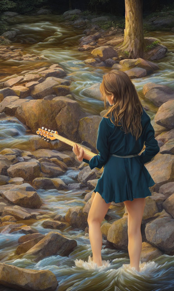 Woman in teal dress playing guitar in forest stream