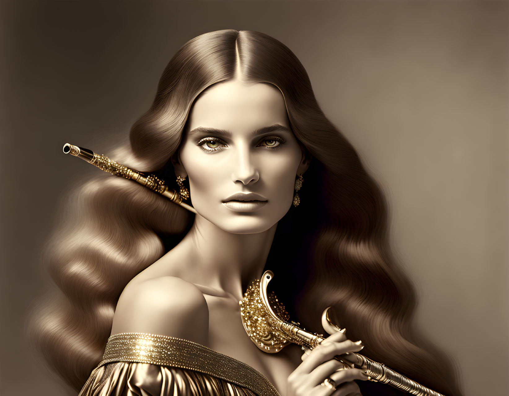 Sepia-Toned Illustration of Woman with Flowing Hair and Gold Jewelry