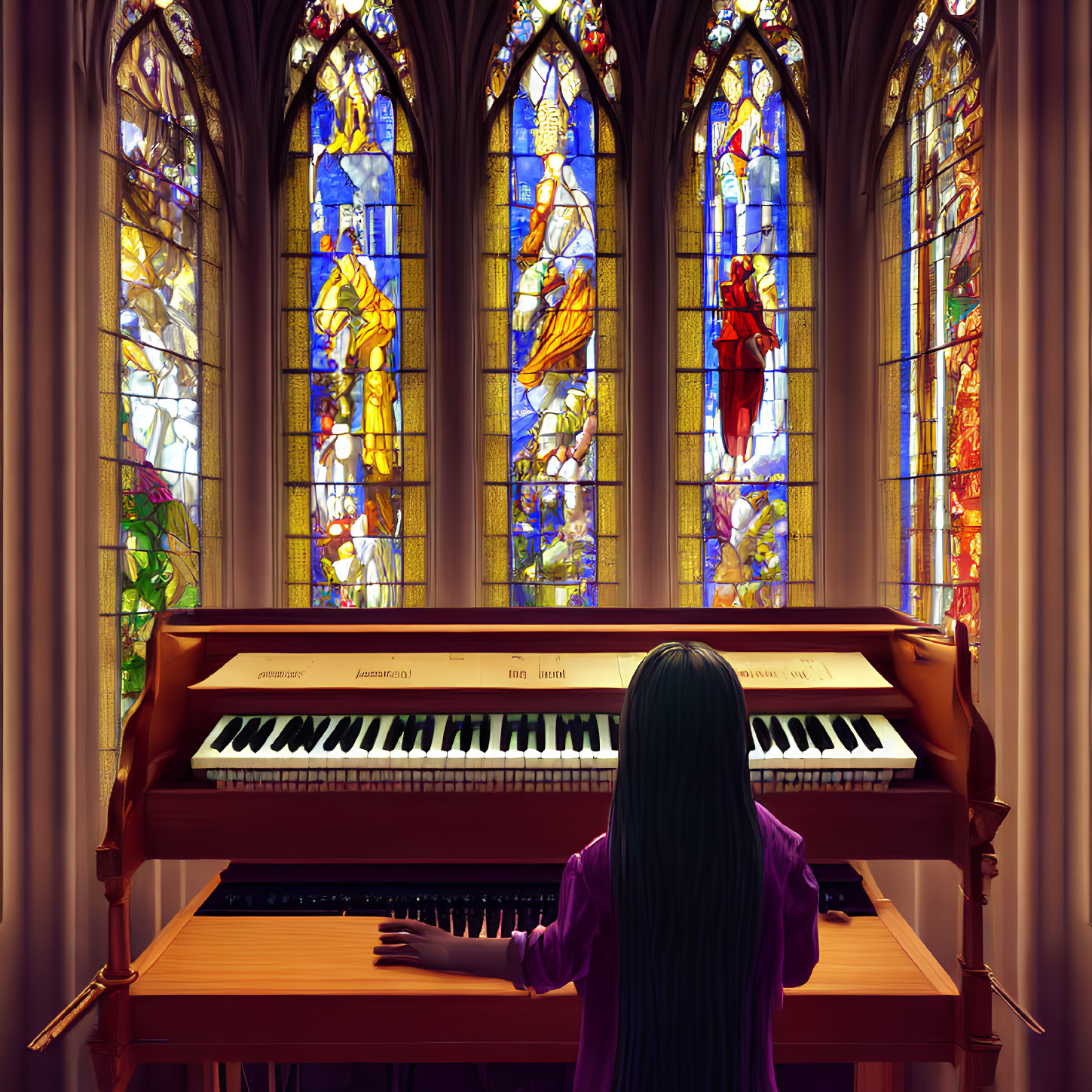 Person with long dark hair plays piano in room with colorful stained glass windows