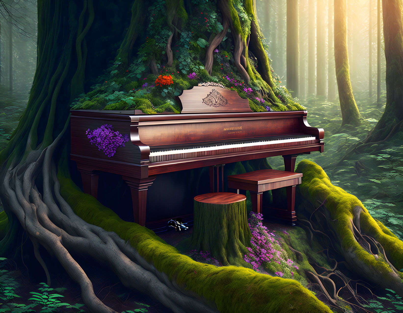 Grand piano surrounded by tree roots in lush forest with sunlight and wooden stool