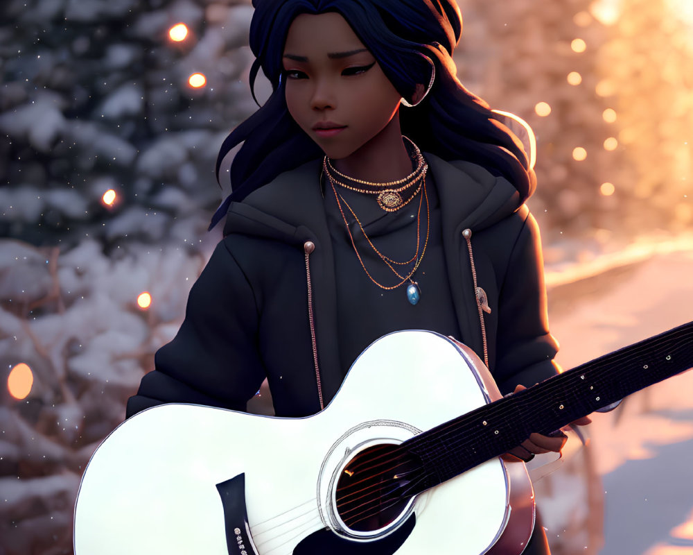 Digital artwork: Young woman with blue hair holding white guitar in snowy scene