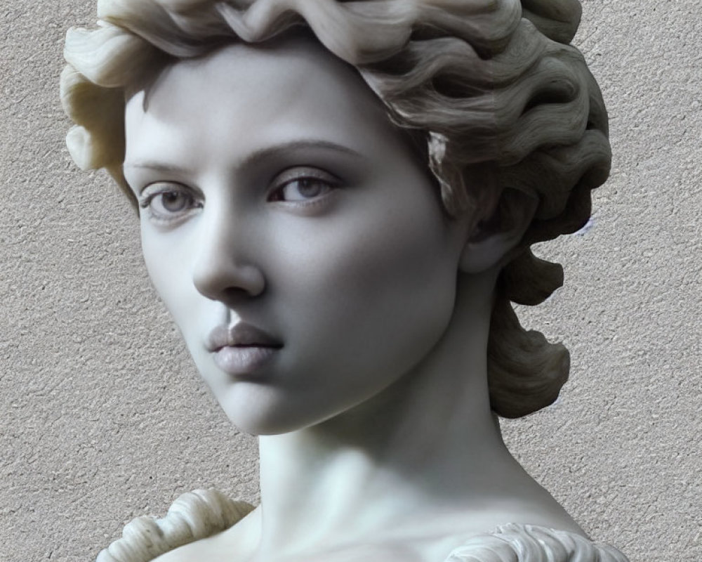 Classical sculpture of woman with flowing hair and detailed facial features