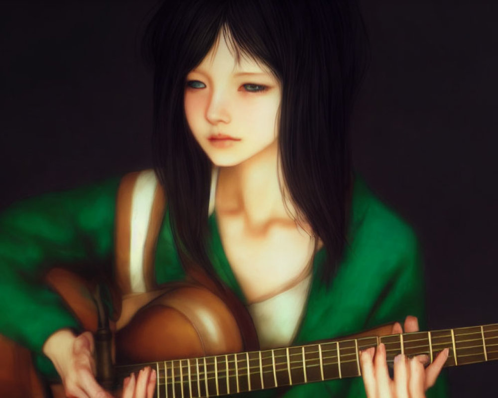 Girl with Black Hair and Blue Eyes Playing Acoustic Guitar in Green Top