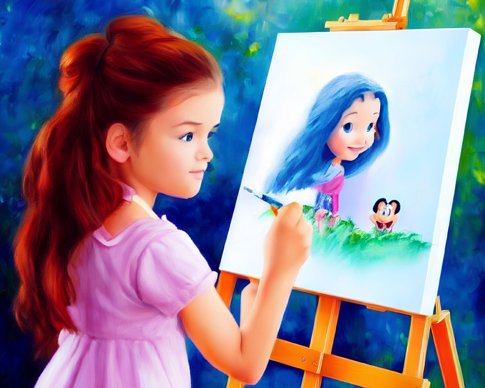 Red-haired girl in pink dress painting portrait of girl and creature on canvas