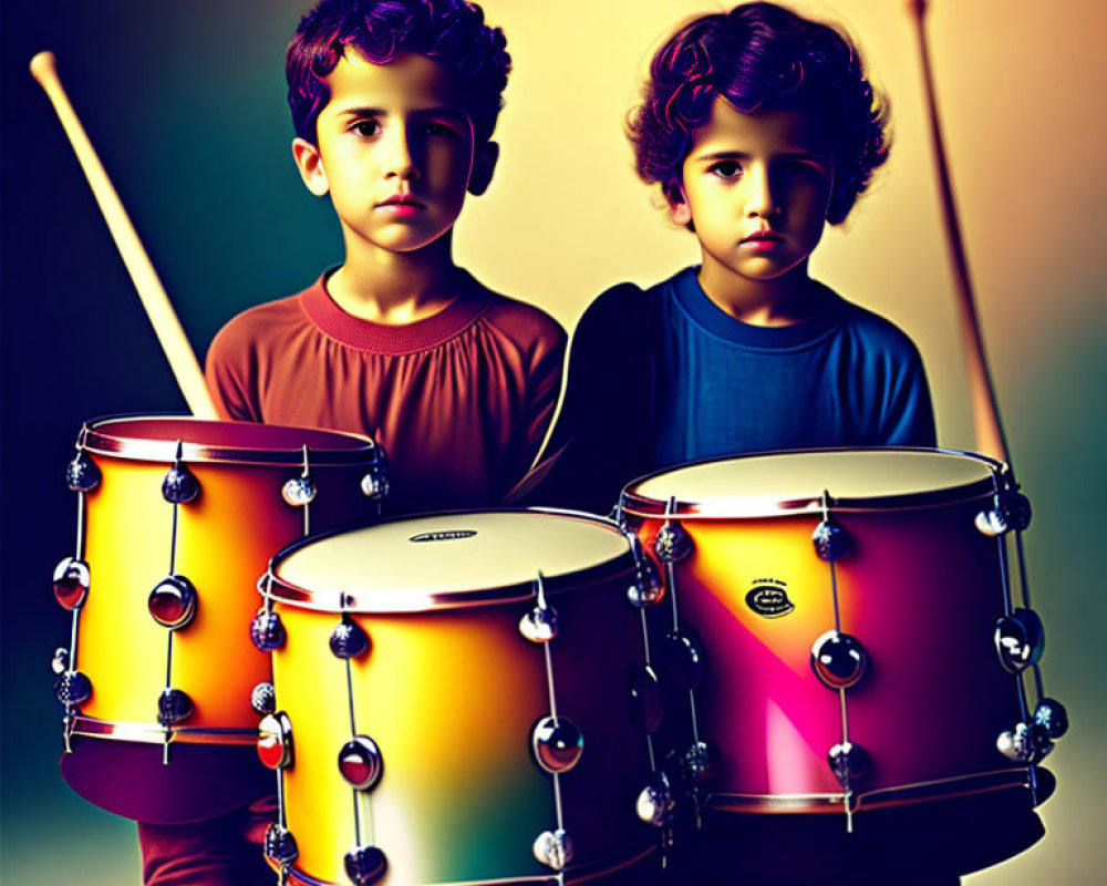 Children standing with colorful drums on gradient background