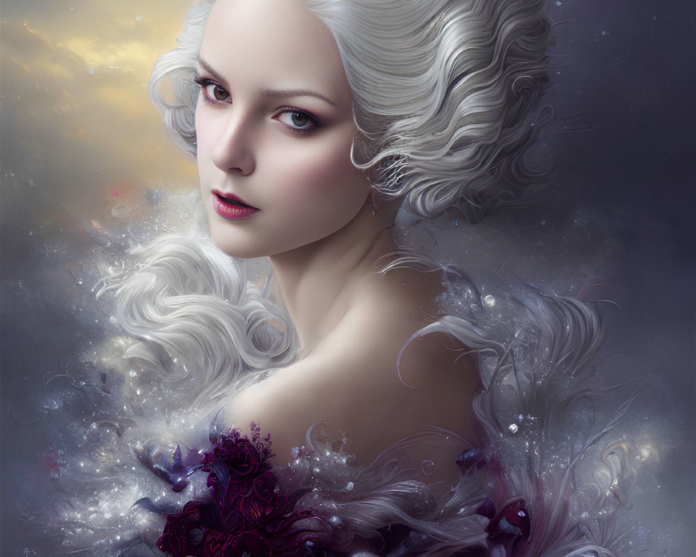 Portrait of woman with pale skin, gray eyes, white hair, ethereal wisps, twilight backdrop