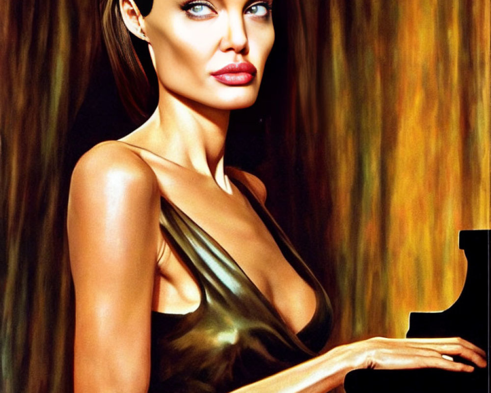 Stylized digital portrait of woman with blue eyes in gold dress