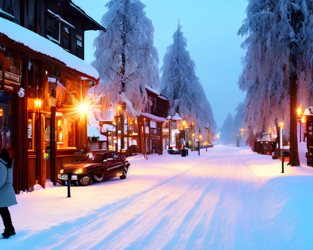 Snowy Street at Dusk with Storefronts, Classic Car, and Pedestrian