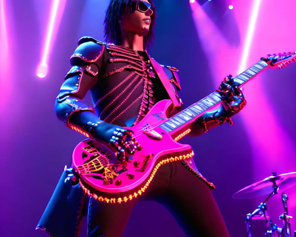 Performer in sunglasses plays red guitar on brightly lit stage