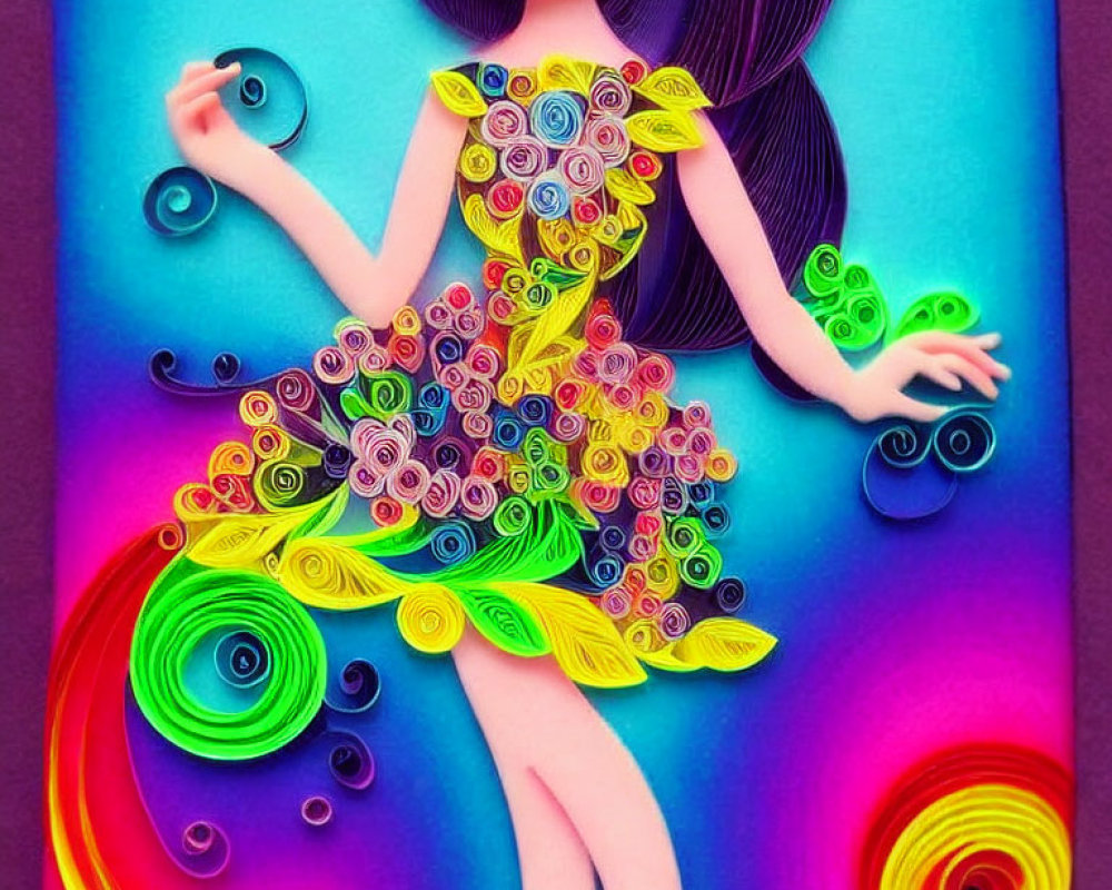 Vibrant paper quilling art of girl with dress and hair on gradient background