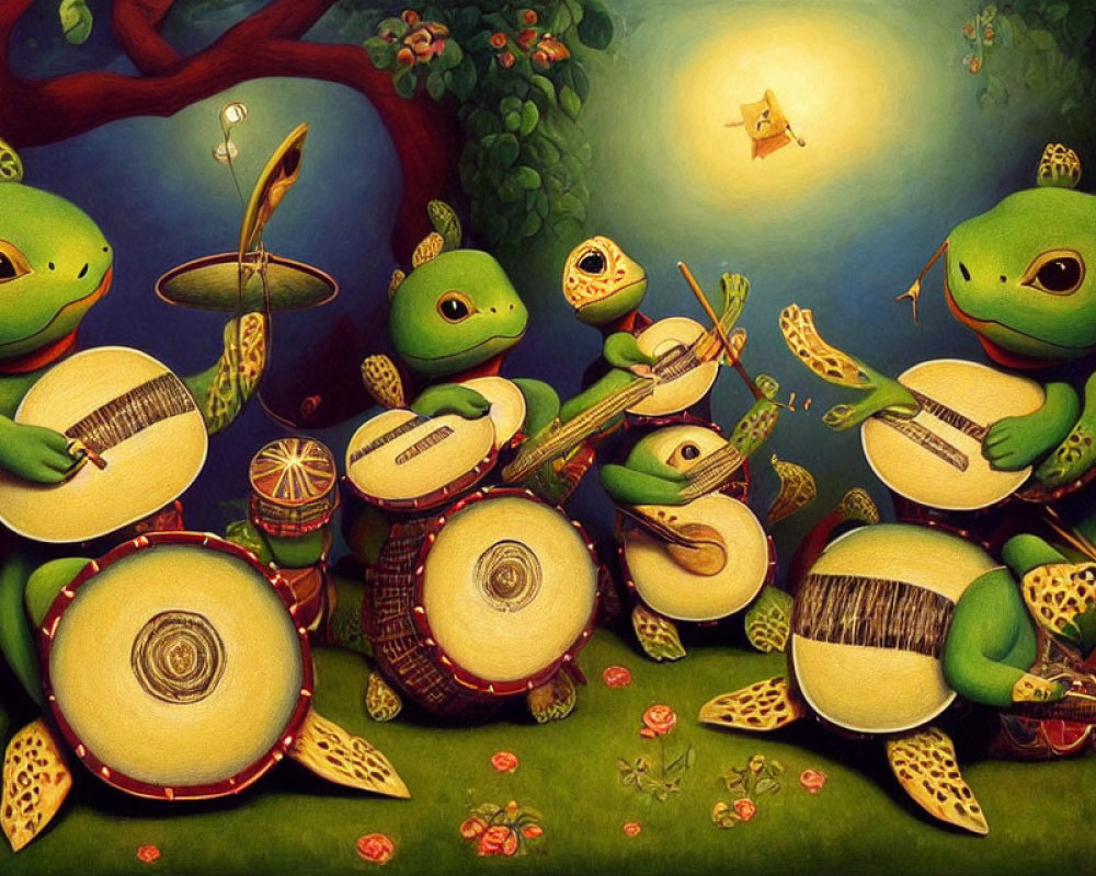 Whimsical animated frogs playing musical instruments in colorful forest setting