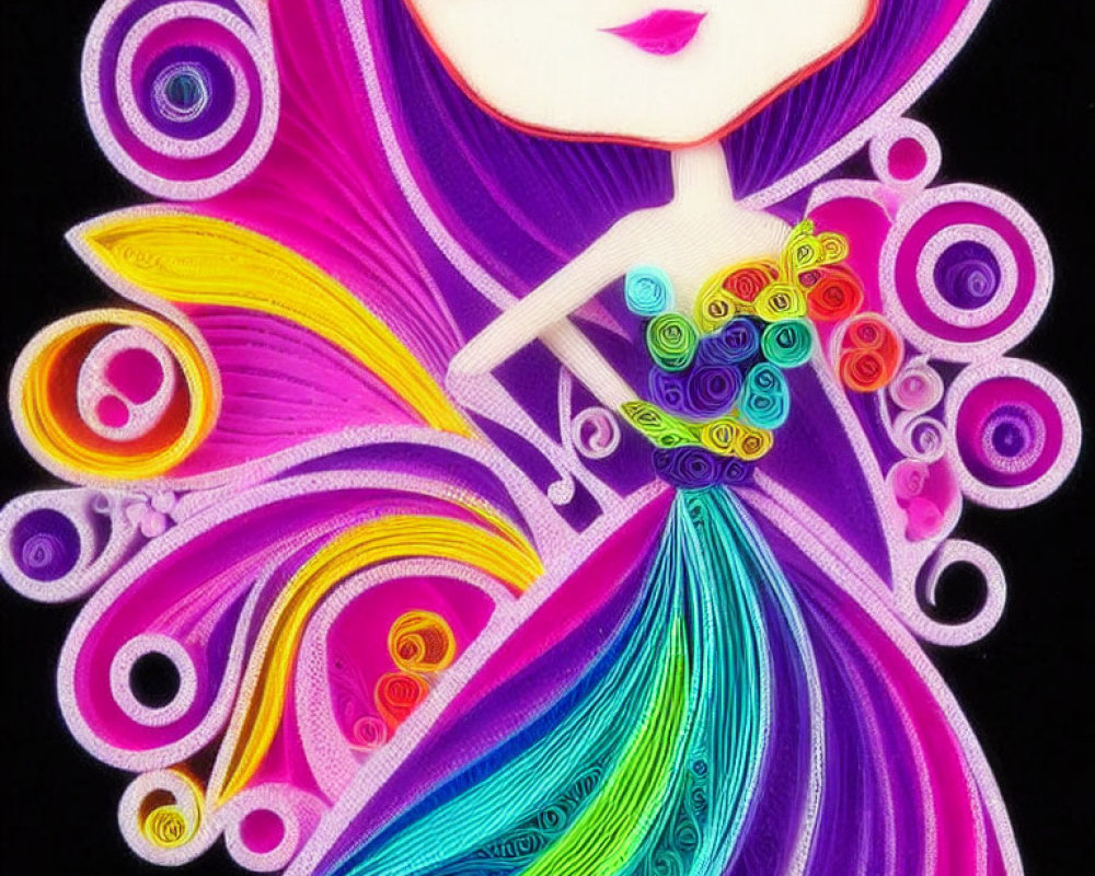 Colorful paper quilling artwork of a whimsical fairy with swirling patterns