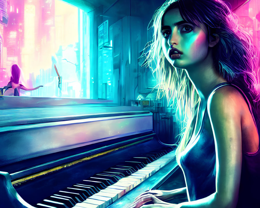 Glowing-haired woman at piano in neon-lit futuristic cityscape