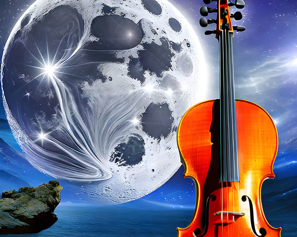 Vibrant orange violin against fantastical moonlit backdrop