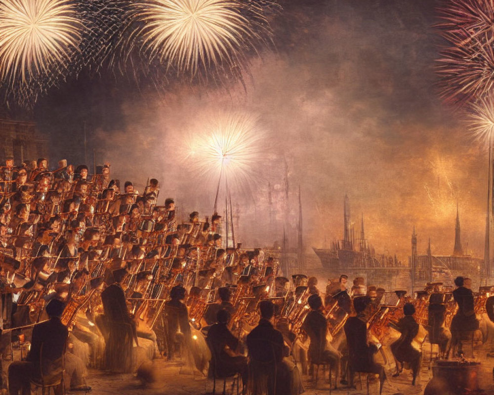 Nighttime orchestra performance under fireworks with cityscape silhouette