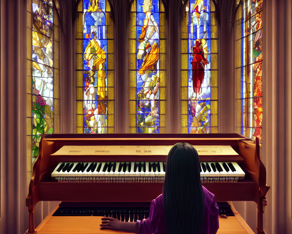 Person with long dark hair plays piano in room with colorful stained glass windows