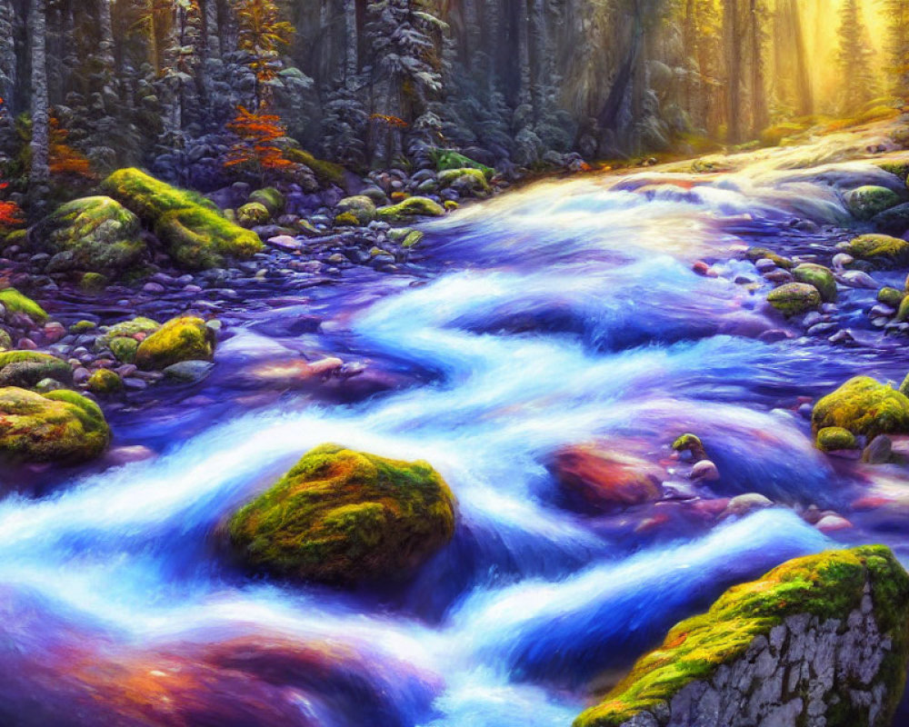 Colorful forest landscape with blue river, mossy rocks, and autumn foliage.