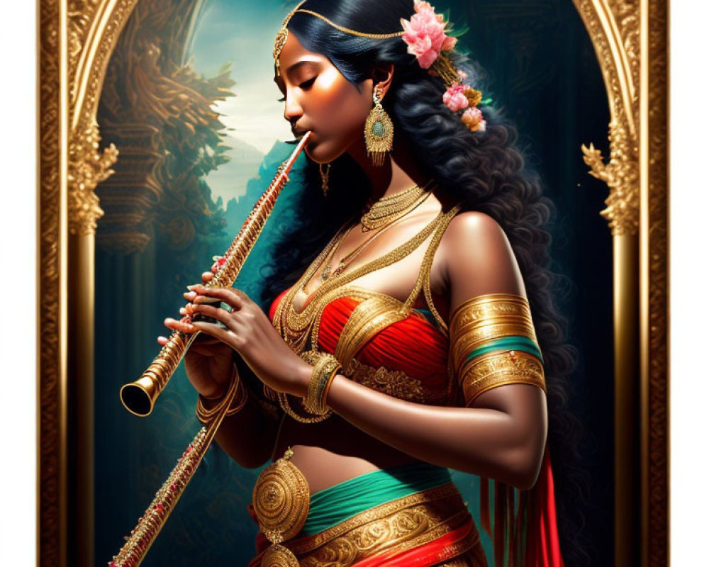 Traditional Indian Attire Woman Playing Flute in Golden Frames