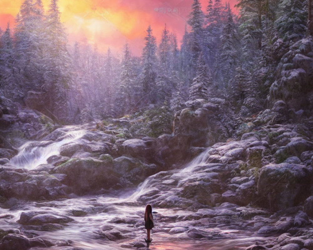 Person in snowy forest at sunrise or sunset