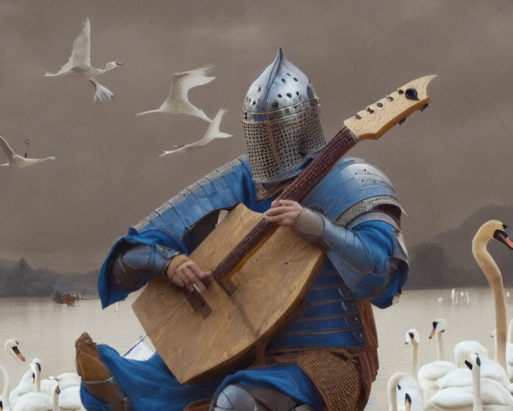 Knight in armor playing balalaika among swans on misty lake with flying birds