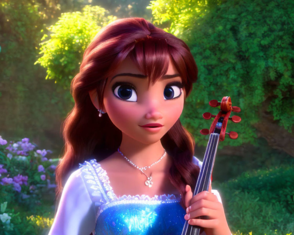 Brown-haired girl in blue dress with violin, pearl necklace, and sunlight through trees