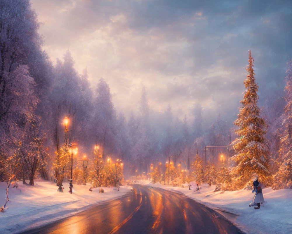 Snowy Street Scene with Illuminated Lamps and Walking Figure