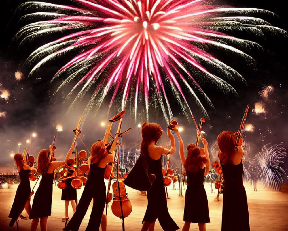 Animated characters playing brass instruments under vibrant fireworks.