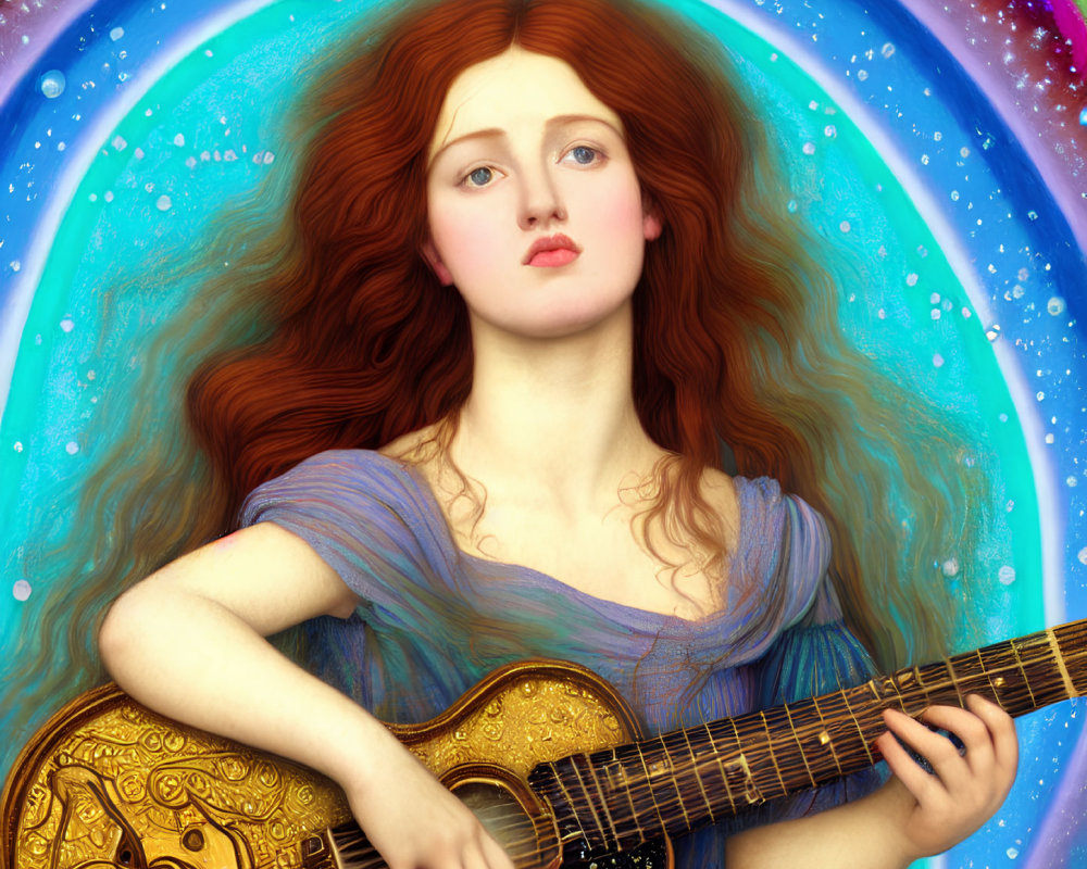 Pre-Raphaelite Style Woman with Red Hair Holding Guitar in Cosmic Scene