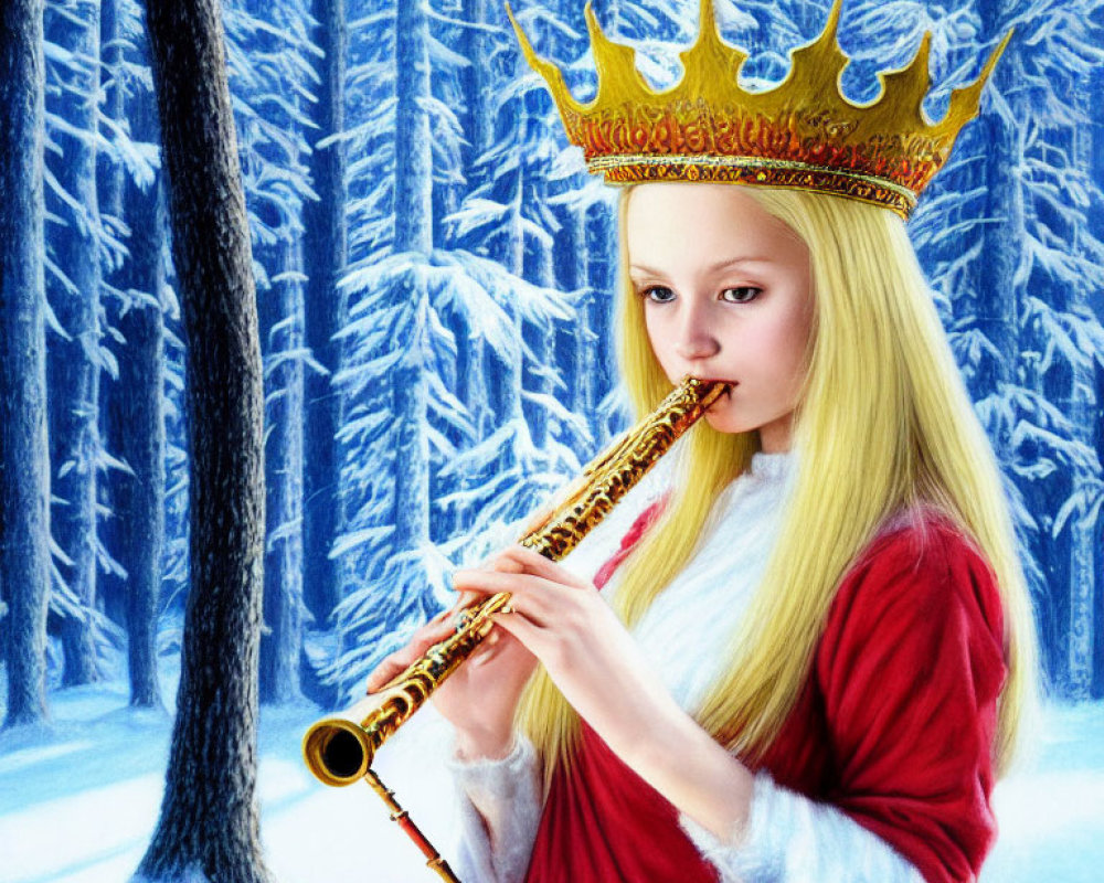 Blonde individual in golden crown plays woodwind instrument in snowy forest