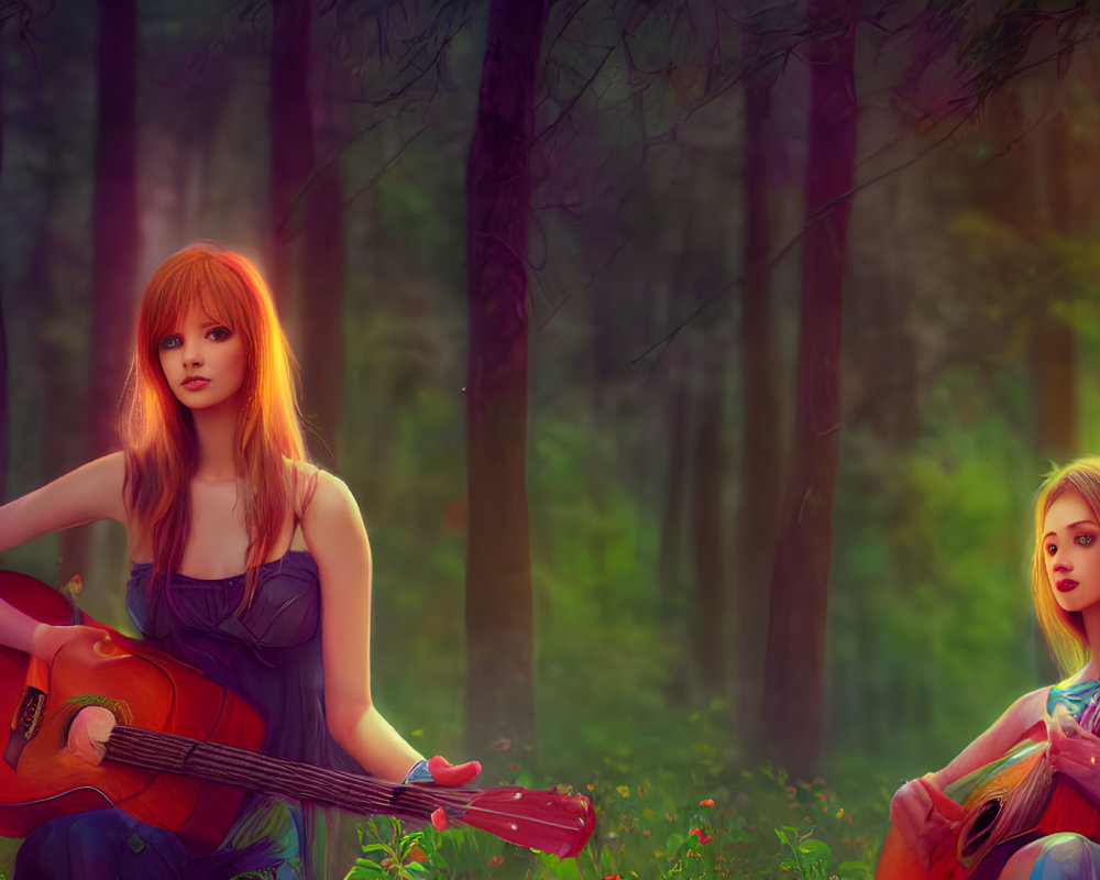 Two women playing guitars in a mystical forest with warm sunlight.