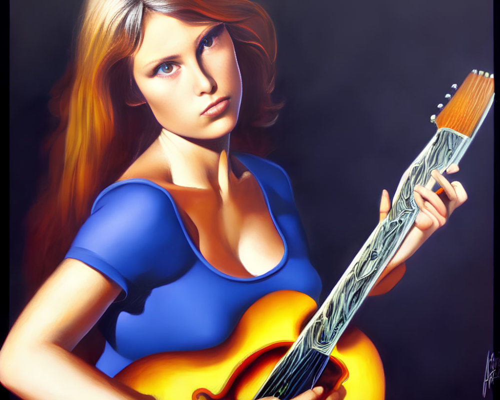 Blonde woman with yellow guitar in stylized painting