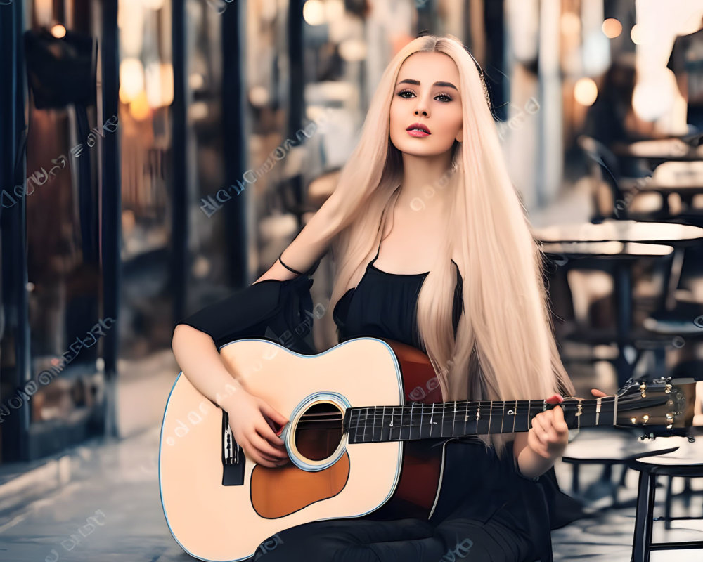 Blonde Woman with Acoustic Guitar on Pavement with Street Background