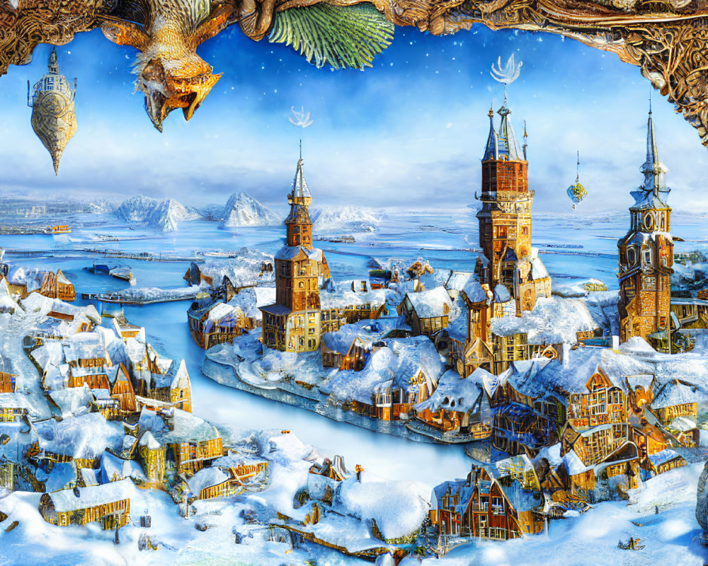 Fantastical winter landscape with dragon and medieval-style buildings