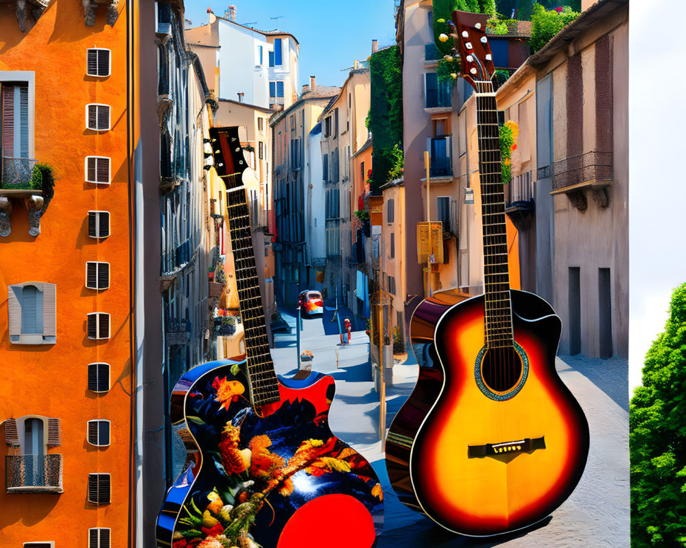 Surreal image: Oversized guitars on European street