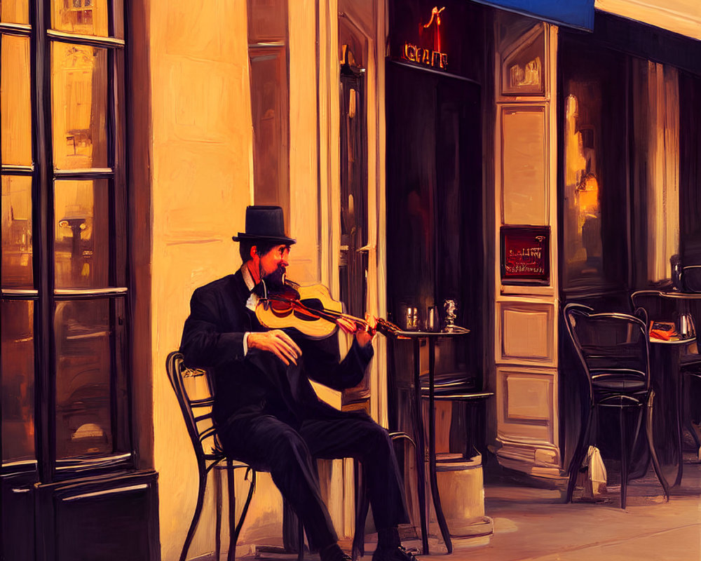 Man in suit and top hat playing violin outside cafe with open case for tips.