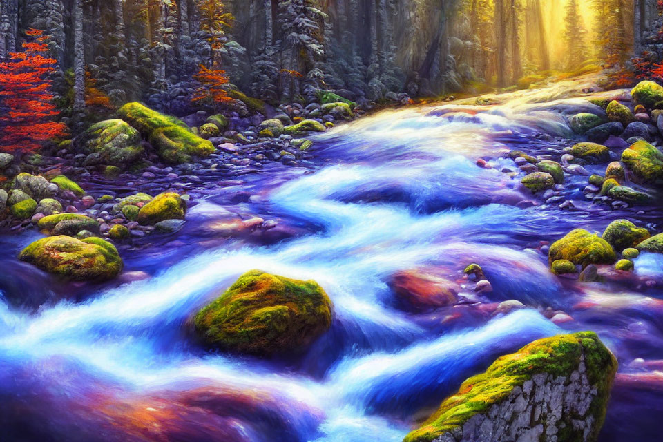 Colorful forest landscape with blue river, mossy rocks, and autumn foliage.