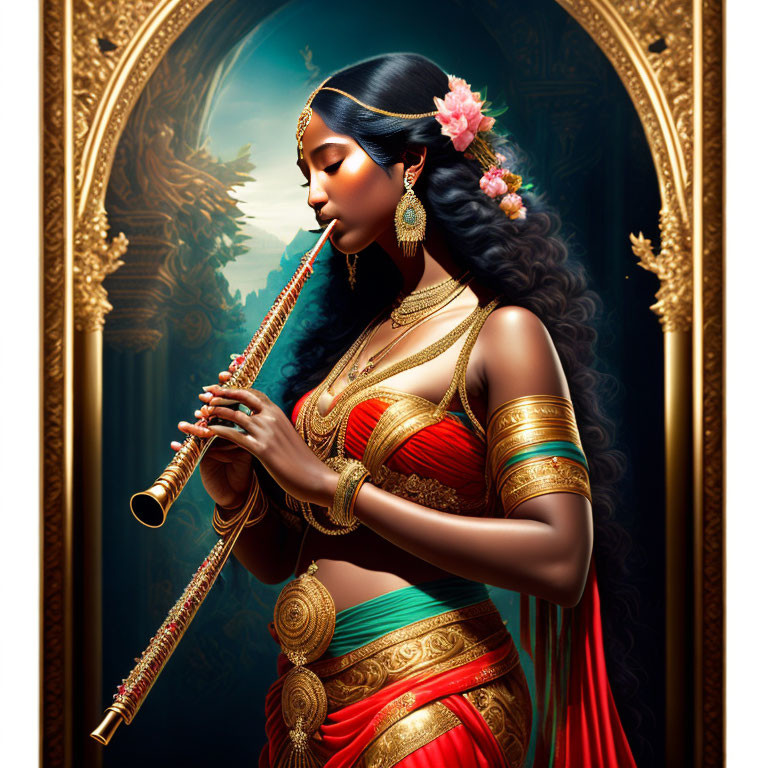 Traditional Indian Attire Woman Playing Flute in Golden Frames