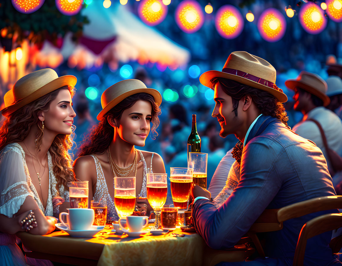 Three People in Straw Hats Enjoying Drinks at Outdoor Festival