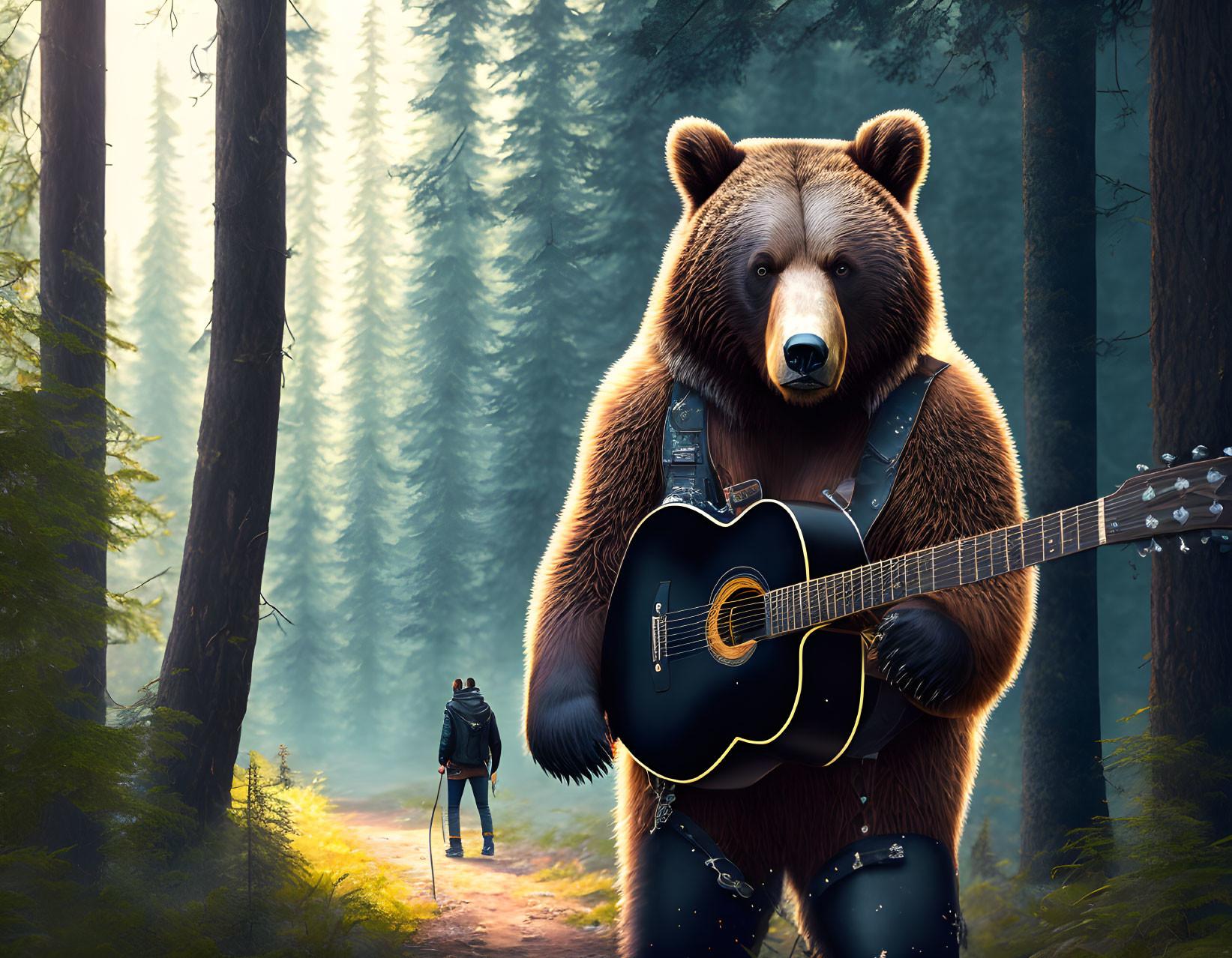 Anthropomorphic bear with a guitar in forest beside person on path