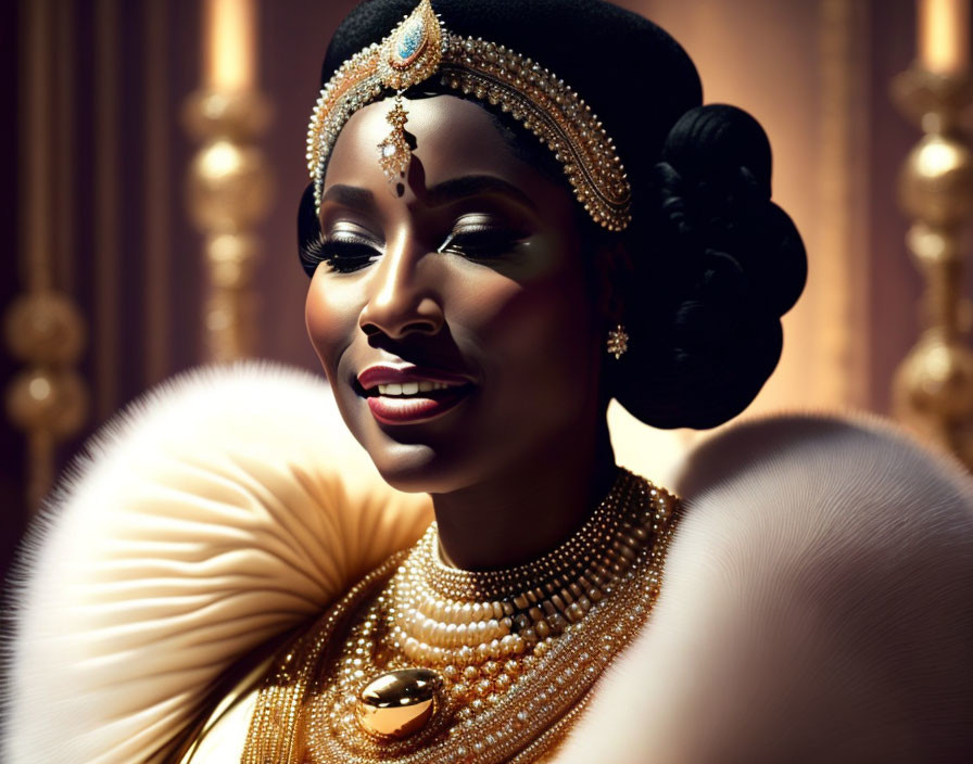 Regal woman in bejeweled headpiece, styled hair, and fur stole