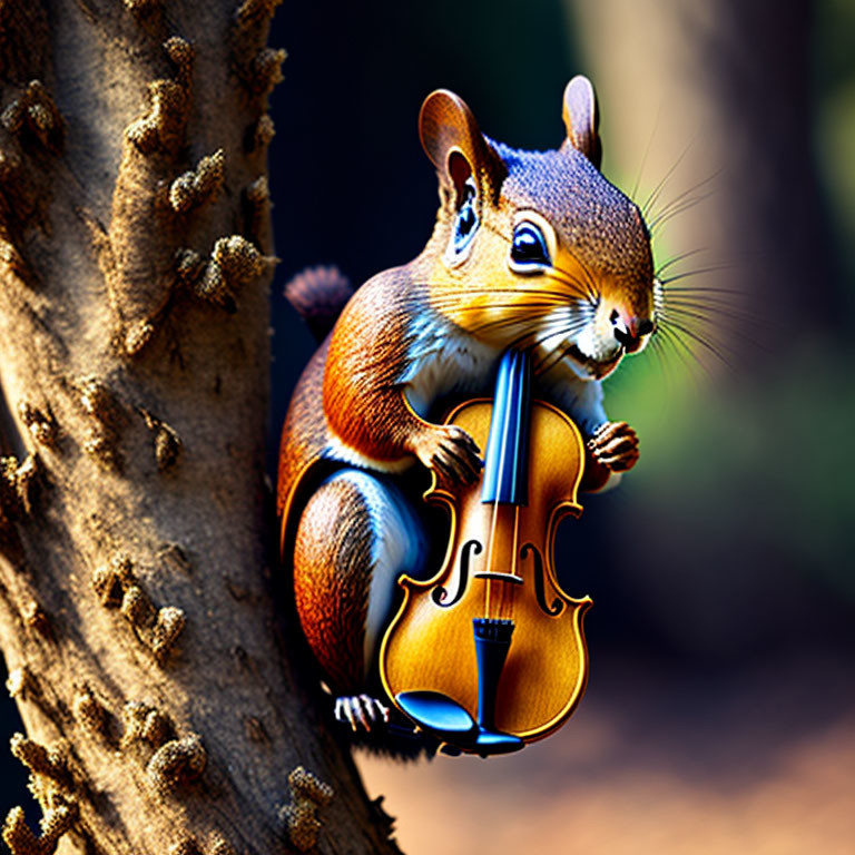 Whimsical squirrel with violin in textured tree setting