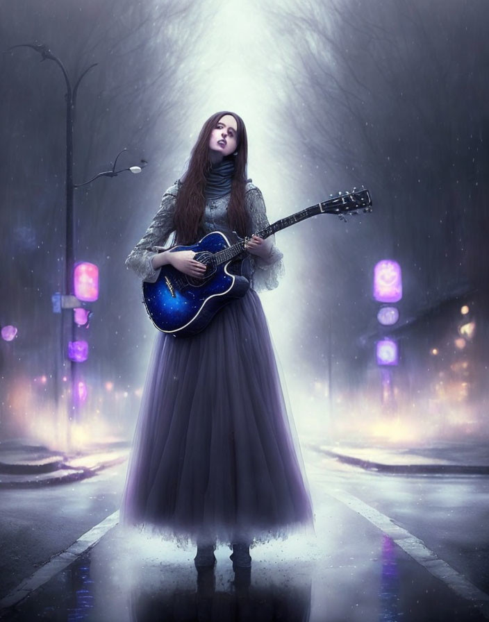 Woman in grey dress with blue electric guitar on misty night street