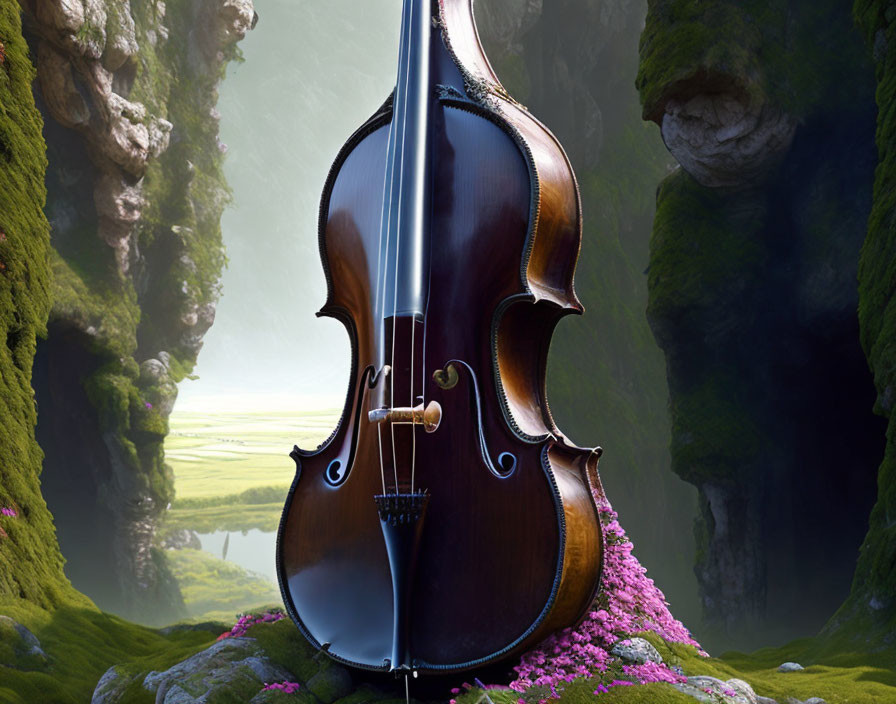 Cello on rocky outcrop surrounded by cliffs and flowers