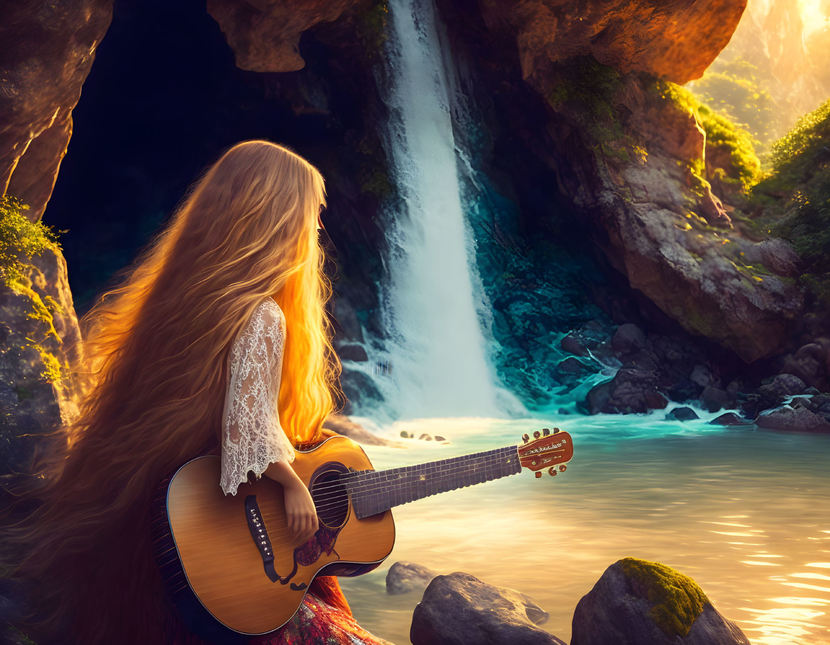 Woman with long red hair playing guitar by serene waterfall and pool surrounded by rocky cliffs in warm sunlight