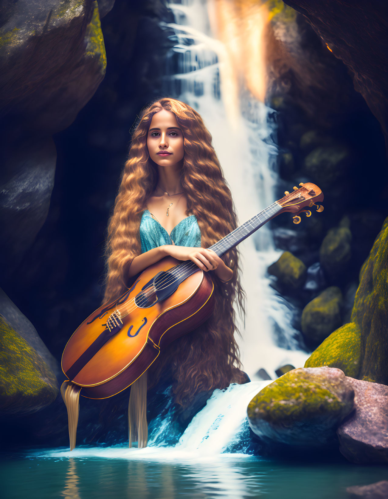 Young woman with long wavy hair playing guitar by serene waterfall