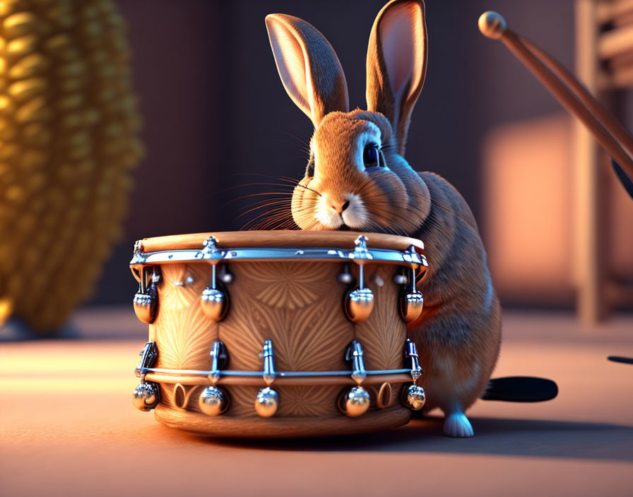 Animated rabbit with snare drum in cozy room setting