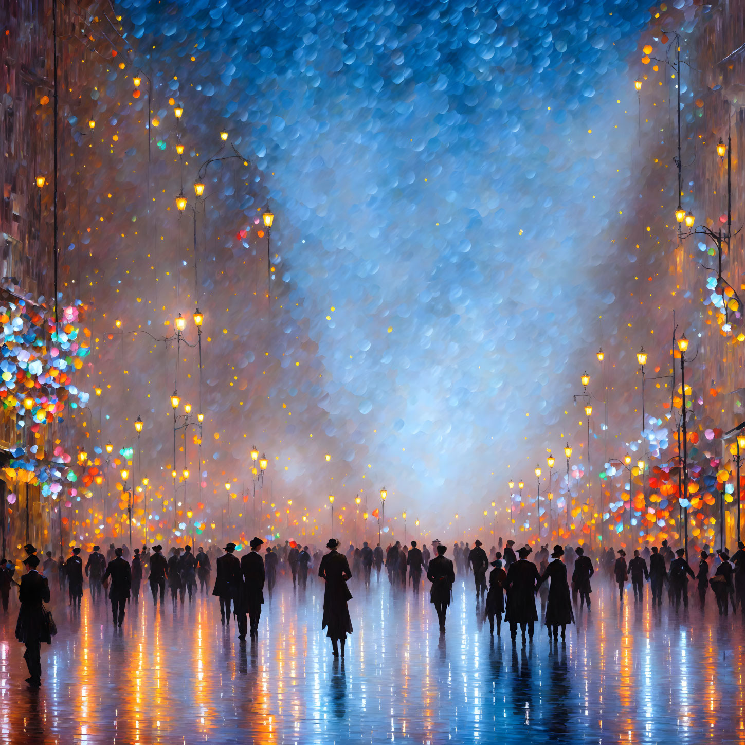 Impressionistic painting of a bustling night street scene