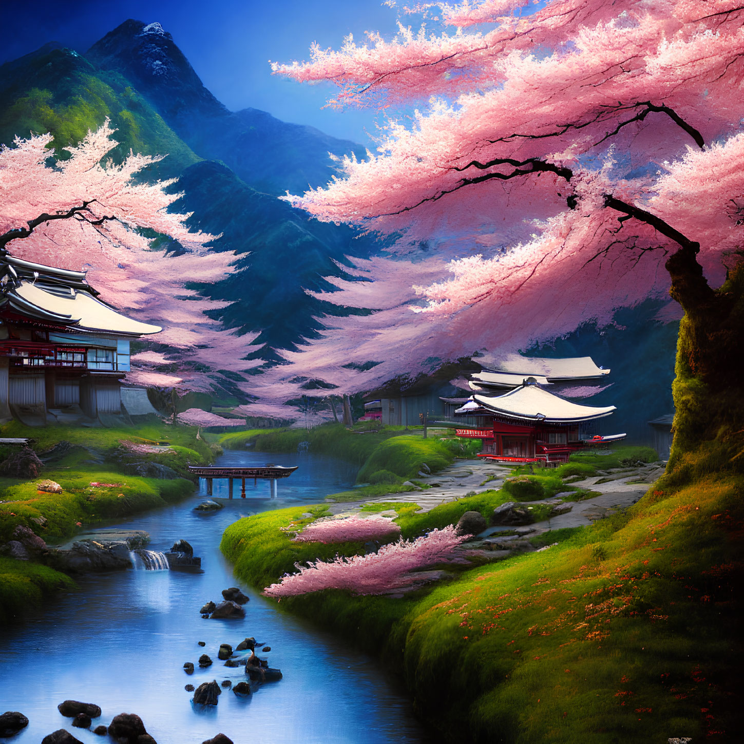 Japanese Landscape with Traditional Buildings, Cherry Blossoms, Stream, and Mountains