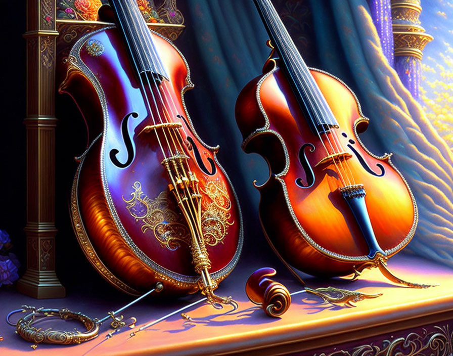 Ornate violins with elaborate designs on luxurious draped background