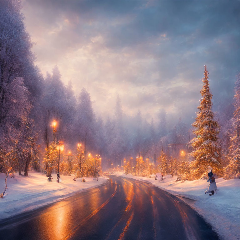 Snowy Street Scene with Illuminated Lamps and Walking Figure